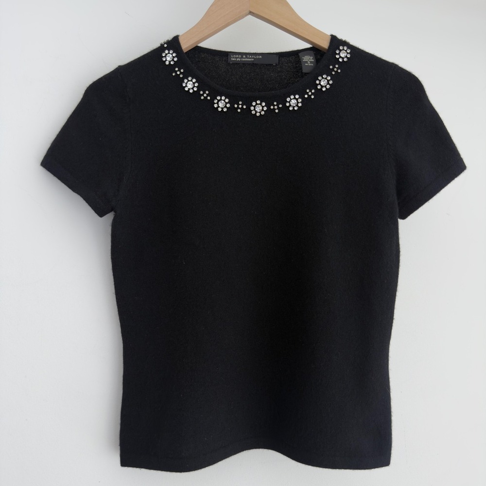 Lord & Taylor Sweater Small Black 100% Cashmere Embellished Beaded Short Sleeve